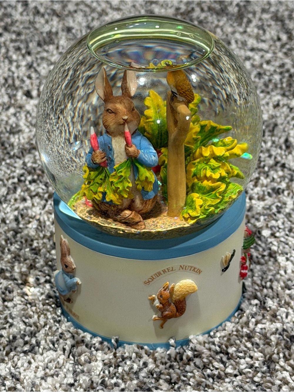 Rabbit Figurine Glass Globe - Blue and Cream Decorative Accent